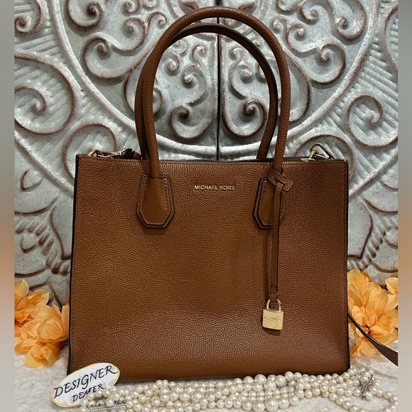 Authentic Michael KORS Mercer Luggage Brown Leather Satchel Crossbody GUC! - Picture 1 of 13